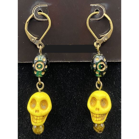 Yellow Skull & Green Bead Earrings by Neanie-Bot Handmade Jewelry Creations - Picture 1 of 2